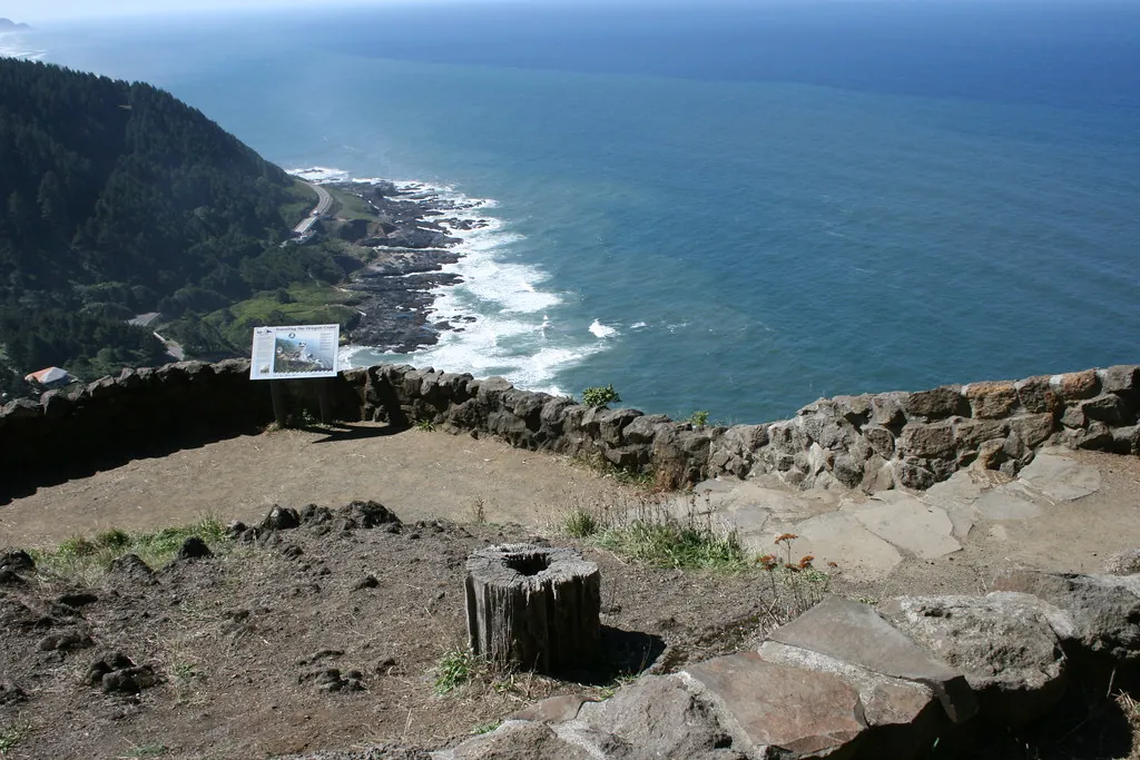 The Pacific coastline curves below the forested Cape Perpetua overlook.